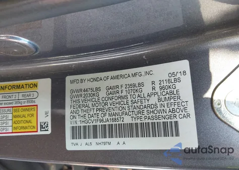 2018 Honda Accord Touring из США, поврежденный, VIN 1HGCV1F96JA168572